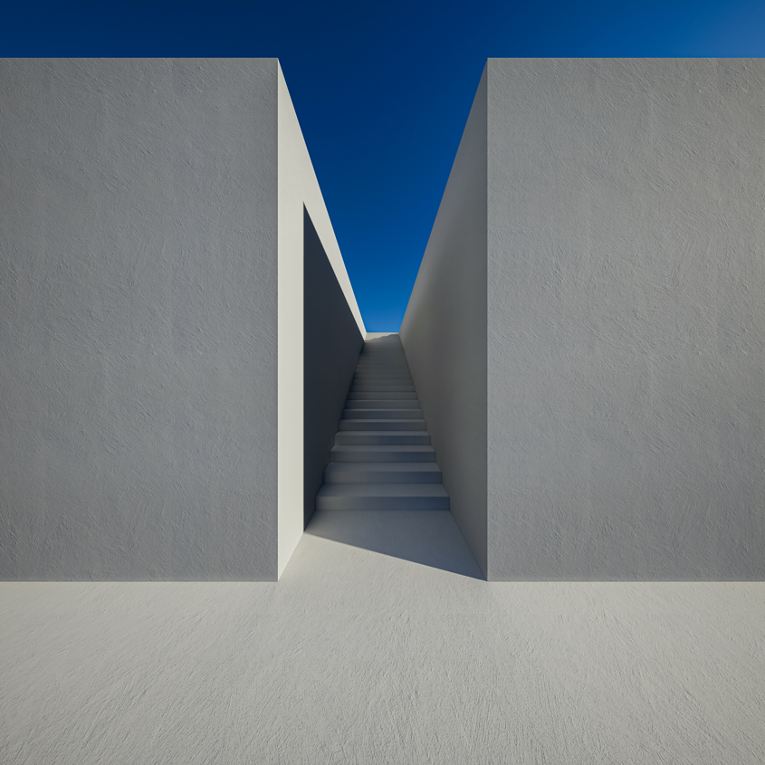 Stratégie de marque et direction éditoriale — VISUELROUGE Chemin étroit entre deux murs gris, éclairé par un ciel bleu sans nuages.