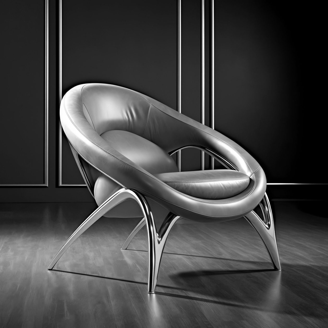 VISUELROUGE – Agence de communication et design graphique Fauteuil élégant en cuir gris avec une base en métal, sur un sol en bois sombre.