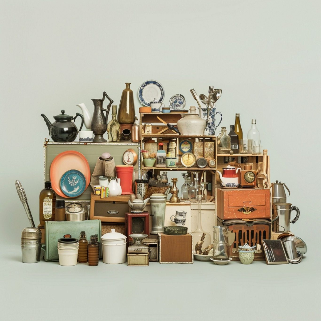 Exigence stratégique et cadre de marque — VISUELROUGE Une collection variée d'objets vintage, y compris des ustensiles de cuisine et des décorations.