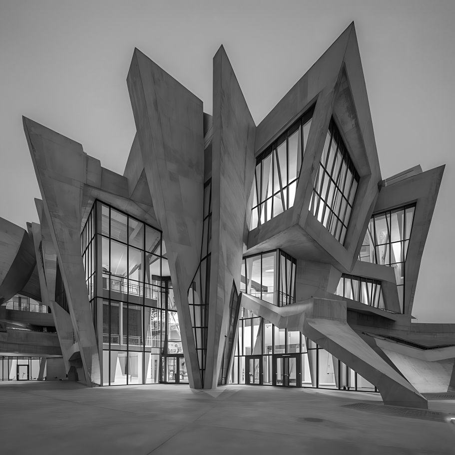 Stratégie de marque et direction éditoriale — VISUELROUGE Bâtiment moderne avec des formes angulaires et des façades en verre.