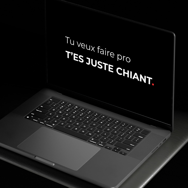 VISUELROUGE – Agence de communication et design graphique Ordinateur portable affichant le message "Tu veux faire pro, t'es juste chiant."