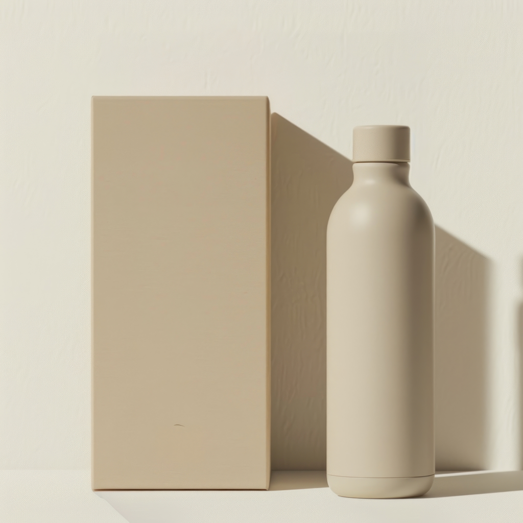 Stratégie de marque et direction éditoriale — VISUELROUGE Bouteille beige et boîte assortie sur un fond neutre.